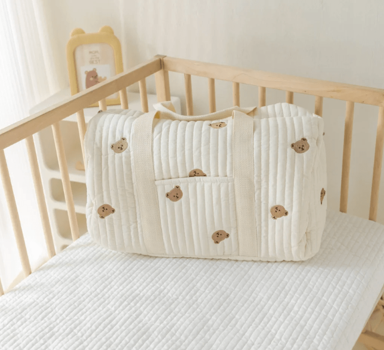 Large Maternity Bag – Padded Cotton Duffle with Floral Embroidery (32 × 12 × 25 cm) - QUARATI