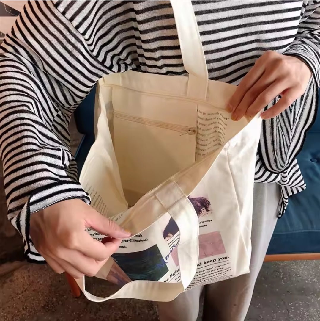 Vintage Literary Canvas Tote Bag – Artistic Printed Cotton - Lined Handbag 30×30cm - QUARATI