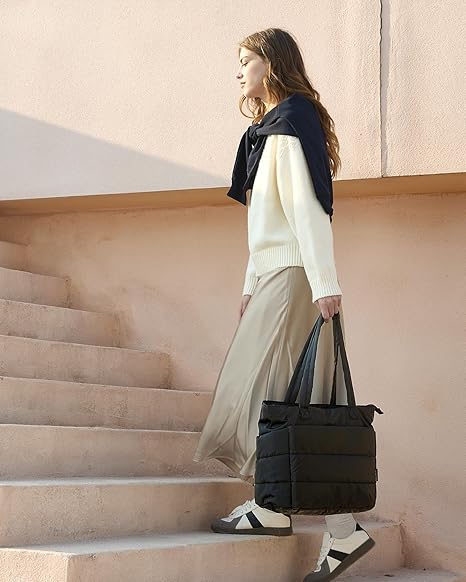 Cotton Tote Bag – Large Capacity Zippered Shoulder Bag with Compartments (35×16×43cm) - QUARATI