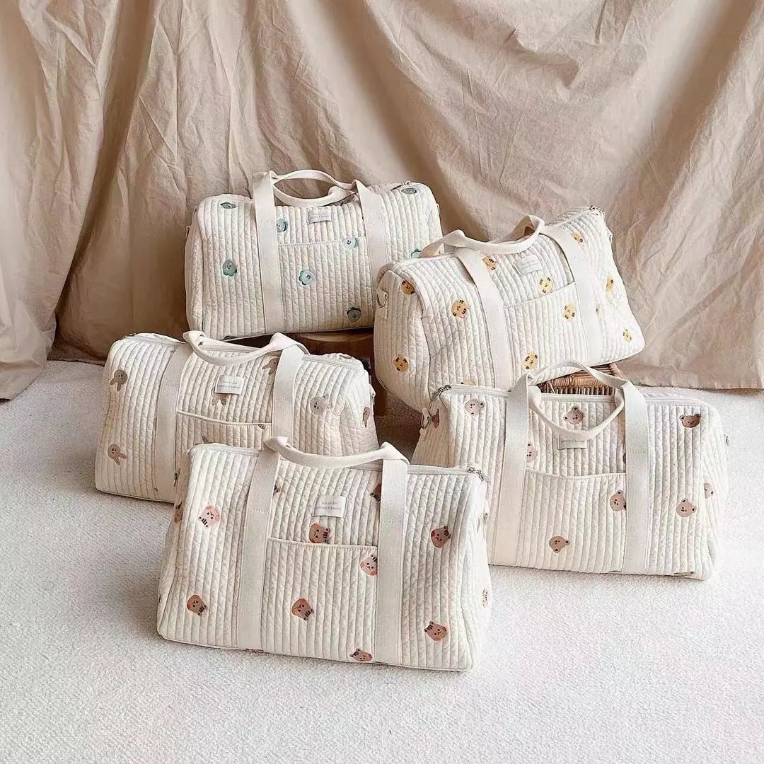 Large Maternity Bag – Padded Cotton Duffle with Floral Embroidery (32 × 12 × 25 cm) - QUARATI