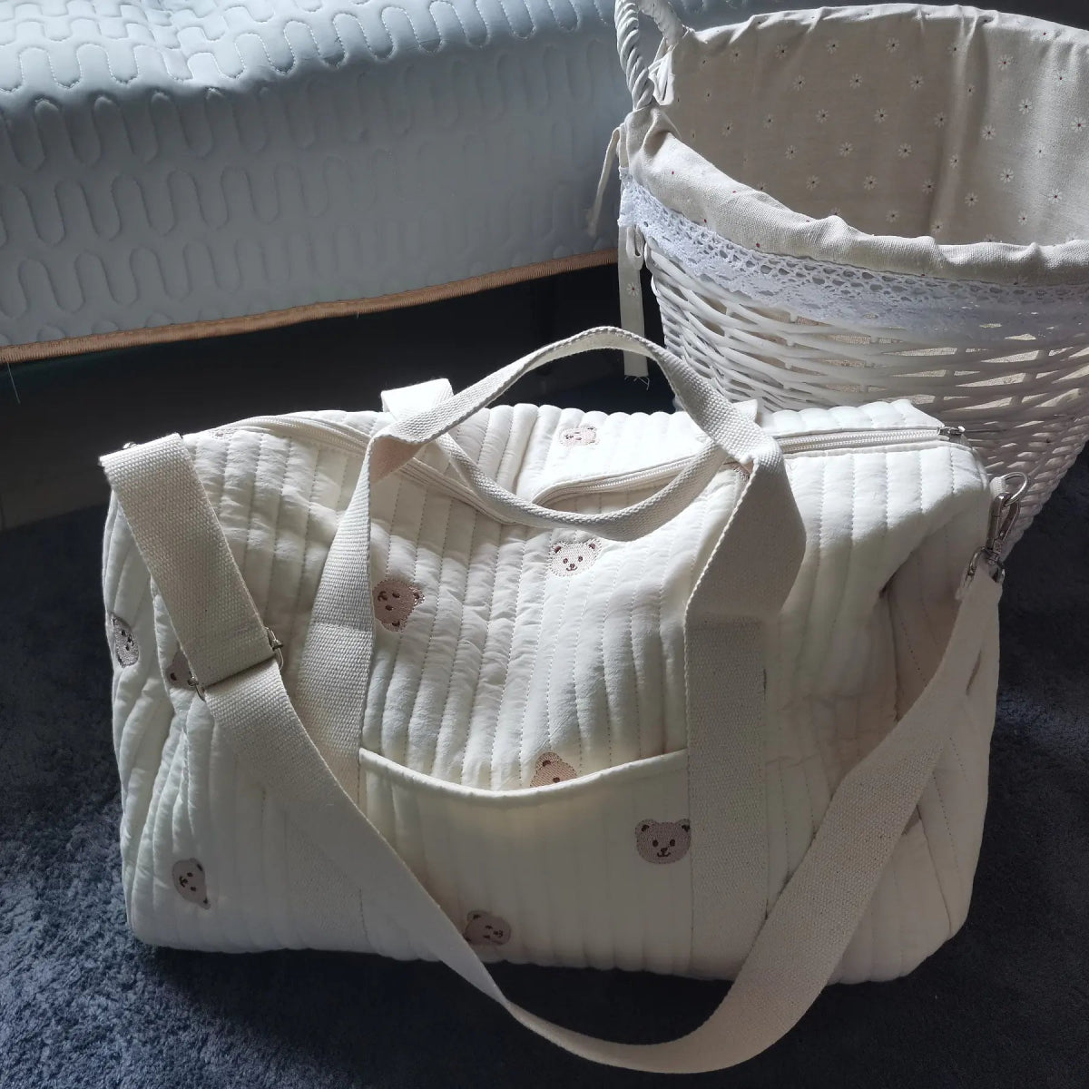 Large Maternity Bag – Padded Cotton Duffle with Floral Embroidery (32 × 12 × 25 cm) - QUARATI