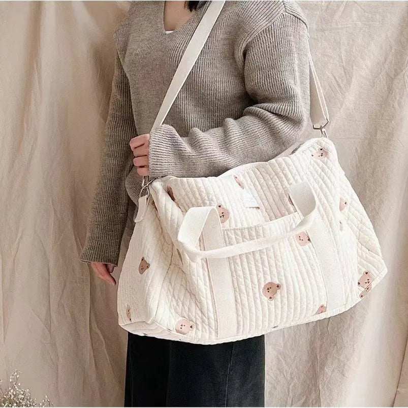 Large Maternity Bag – Padded Cotton Duffle with Floral Embroidery (32 × 12 × 25 cm) - QUARATI