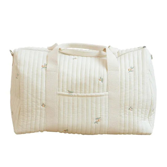 Large Maternity Bag – Padded Cotton Duffle with Floral Embroidery (32 × 12 × 25 cm) - QUARATI