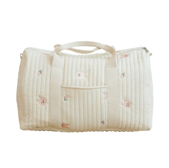 Large Maternity Bag – Padded Cotton Duffle with Floral Embroidery (32 × 12 × 25 cm) - QUARATI