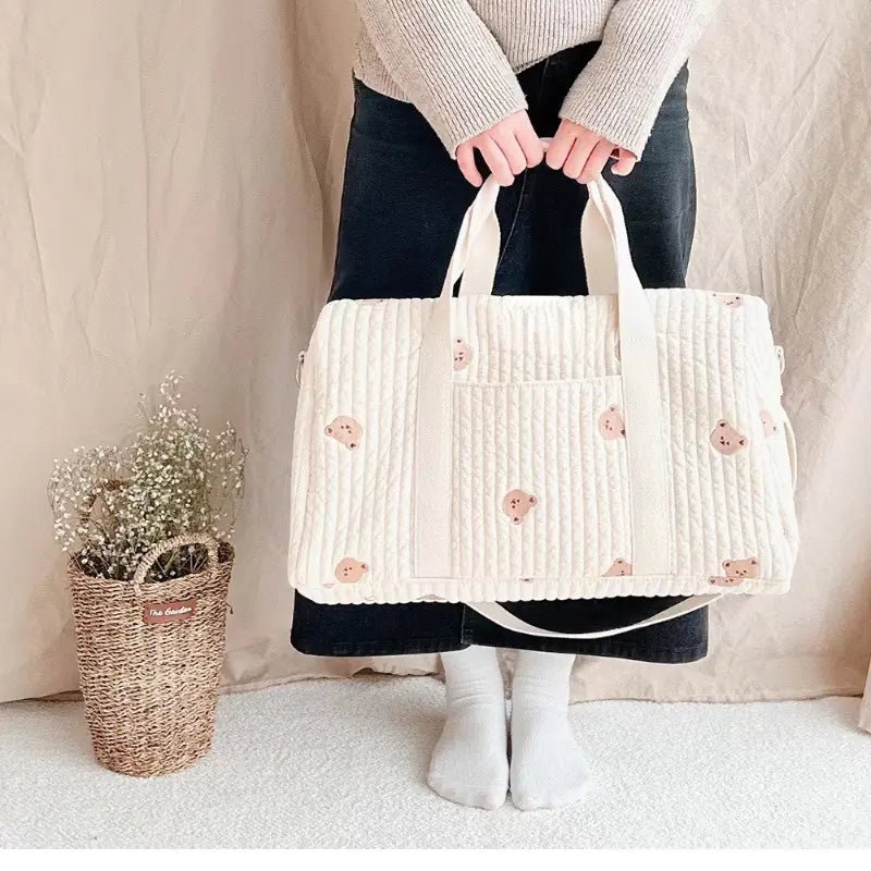 Large Maternity Bag – Padded Cotton Duffle with Floral Embroidery (32 × 12 × 25 cm) - QUARATI