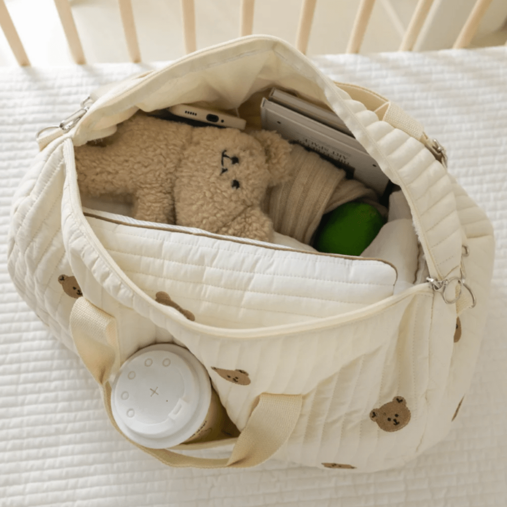Large Maternity Bag – Padded Cotton Duffle with Floral Embroidery (32 × 12 × 25 cm) - QUARATI