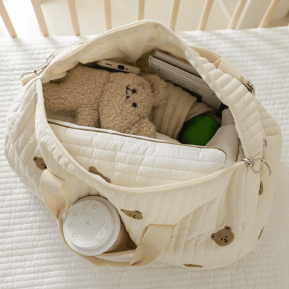 Large Maternity Bag – Padded Cotton Duffle with Floral Embroidery (32 × 12 × 25 cm) - QUARATI