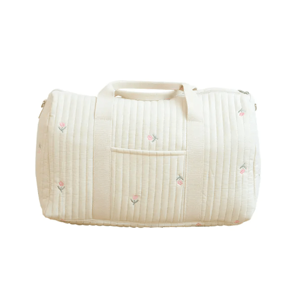 Large Maternity Bag – Padded Cotton Duffle with Floral Embroidery (32 × 12 × 25 cm) - QUARATI