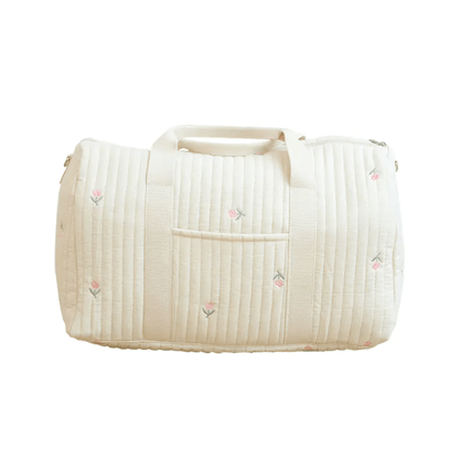Large Maternity Bag – Padded Cotton Duffle with Floral Embroidery (32 × 12 × 25 cm) - QUARATI